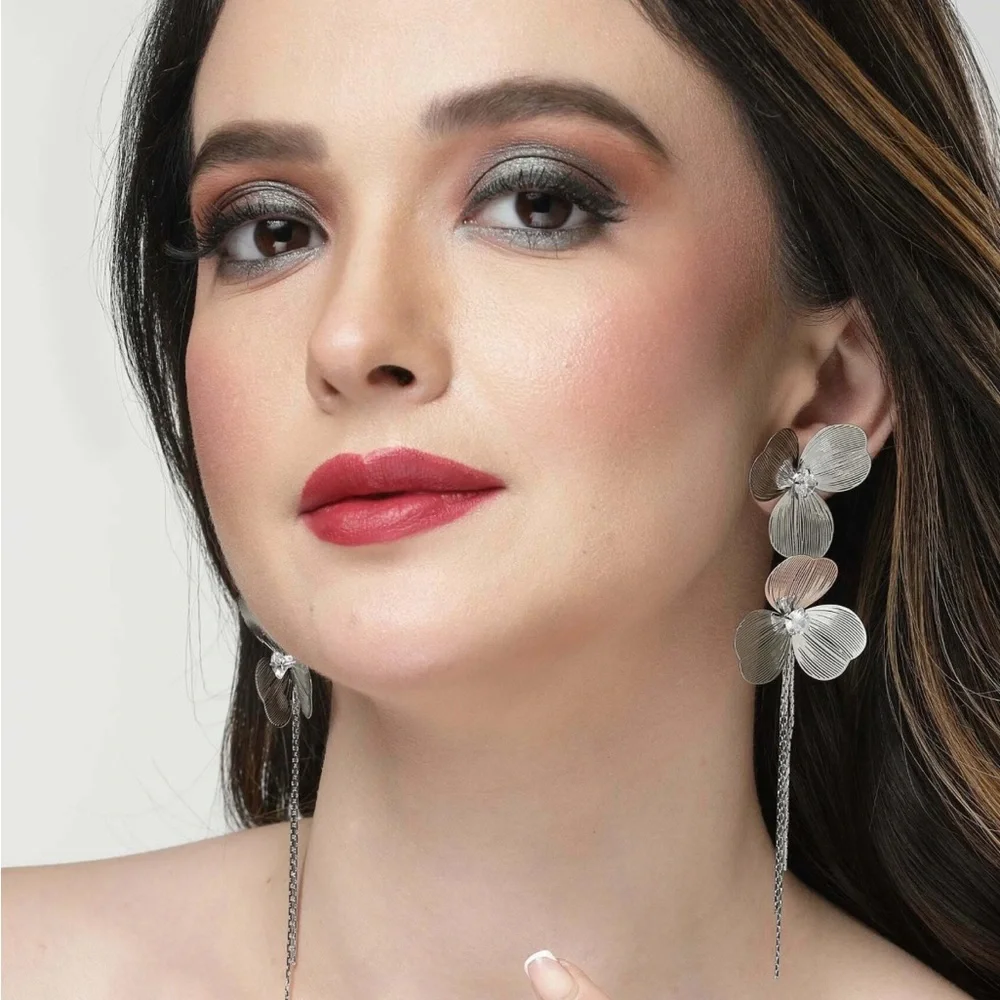 Cascading Silver Tassel‎ & Crystal Rhinestone Dangle Statement Pierced Earrings